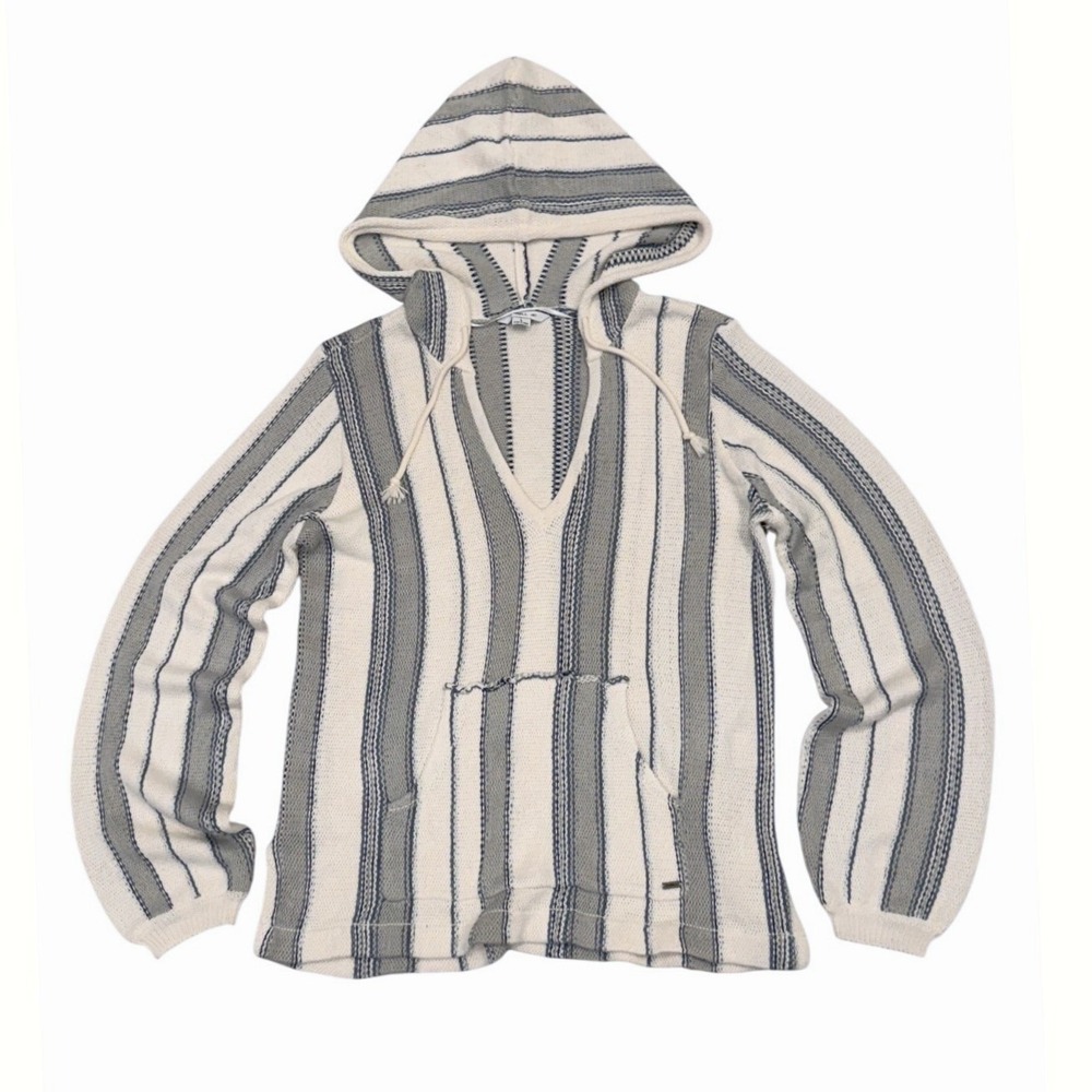 NWT O'Neill Womens L Cream Blue Striped Campfire Knit Pullover Hooded Sweater